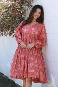 a cotton block print floral boho dress by Peacock feather