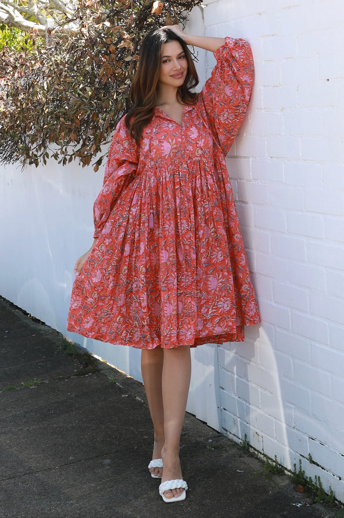 a boho cotton floral red dress in block print