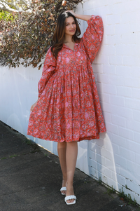 a boho cotton floral red dress in block print