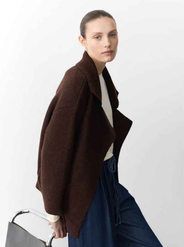 the mahalia coatigan by little lies in chocolate brown