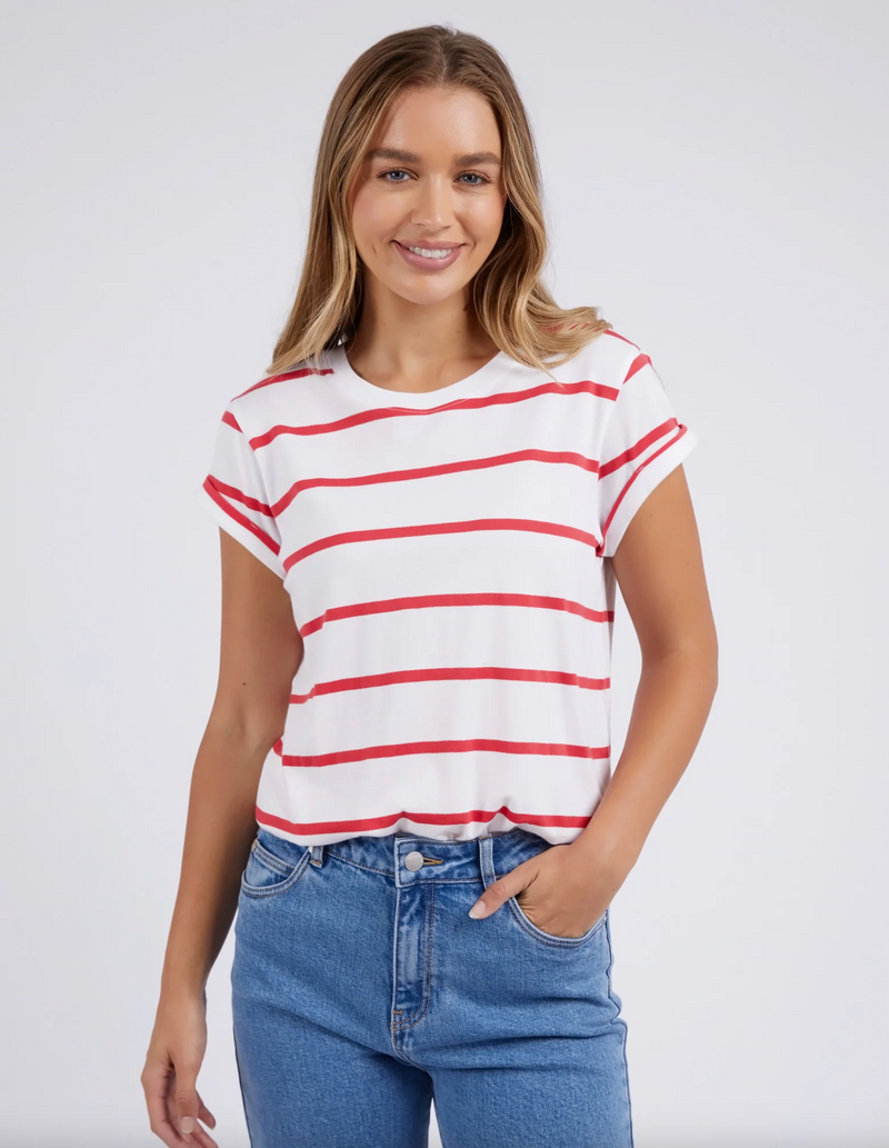 the manly stripe tee by foxwood is a cotton oversized easy wear casual t shirt in a red and white stripe