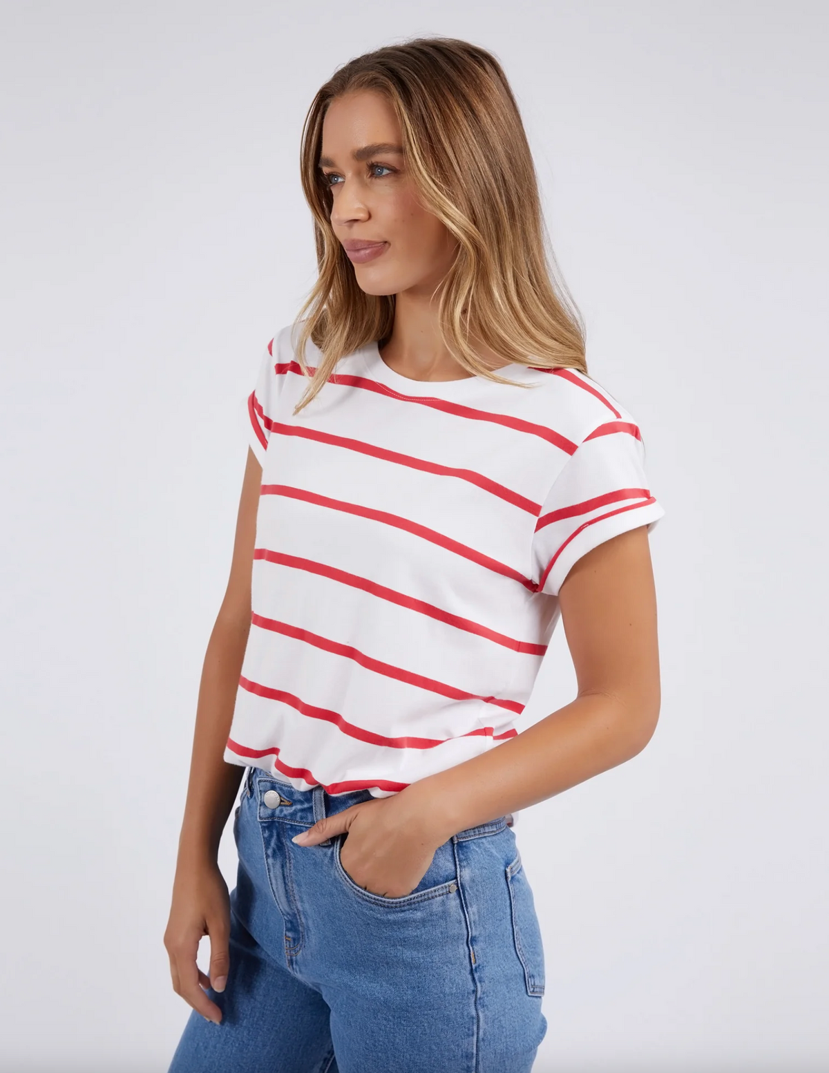the manly stripe tee by foxwood is a cotton oversized easy wear casual t shirt in a red and white stripe