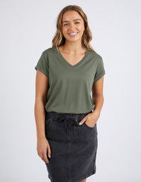 the manly tee by foxwood is a khaki cotton v-neck t-shirt with short sleeves