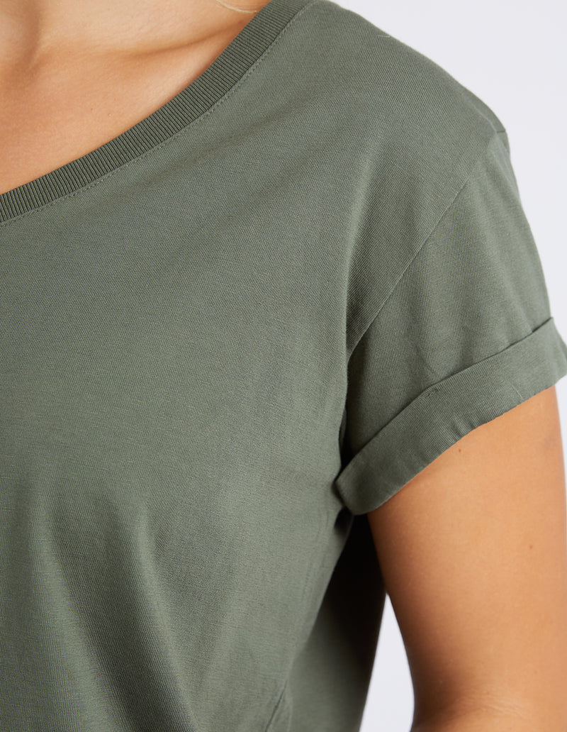 the manly tee by foxwood is a khaki cotton v-neck t-shirt with short sleeves