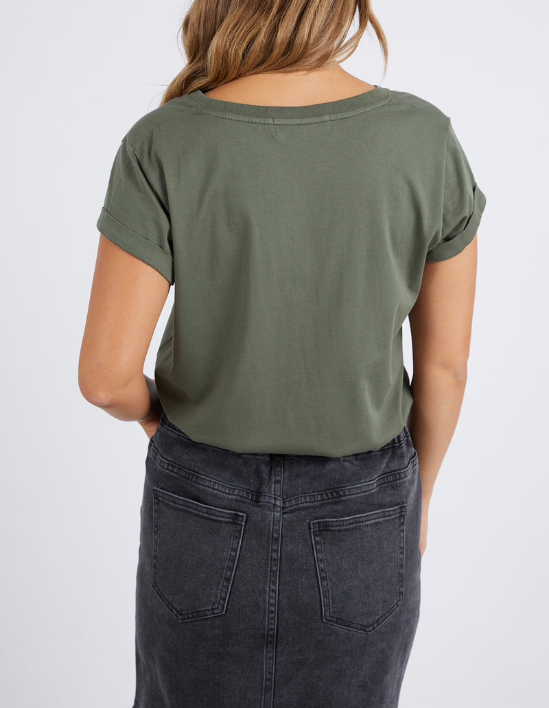 the manly tee by foxwood is a khaki cotton v-neck t-shirt with short sleeves