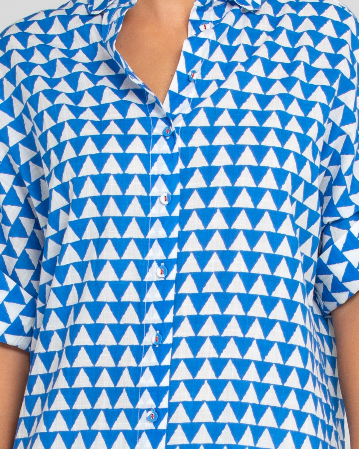 maui shirt dress by boom shankar in blue and white geo print