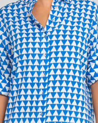maui shirt dress by boom shankar in blue and white geo print