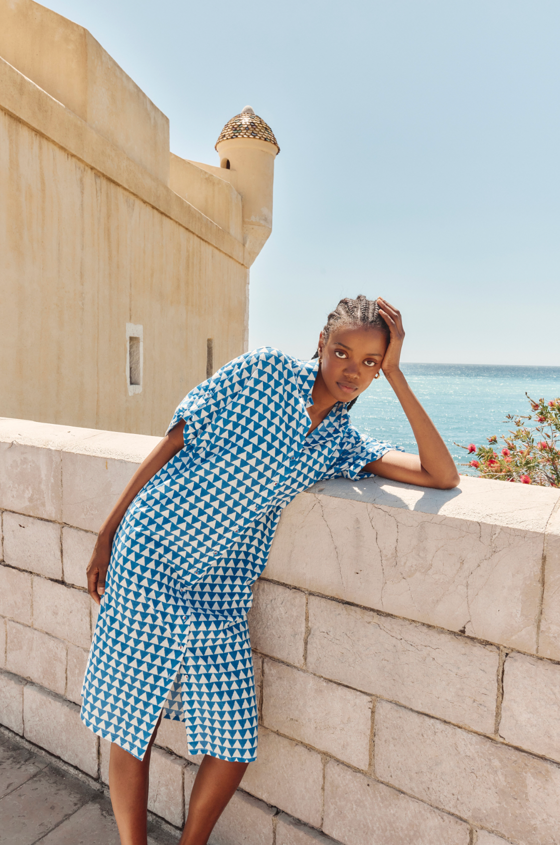 maui beach shirt dress by boom shankar in blue and white geo print