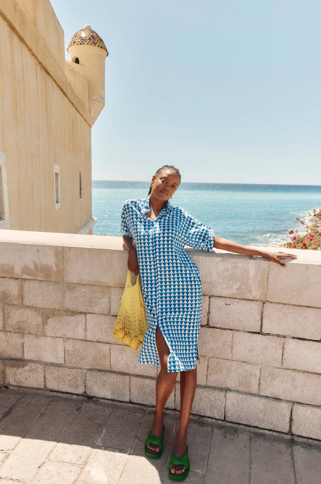 maui button up shirt dress by boom shankar in blue and white geo print