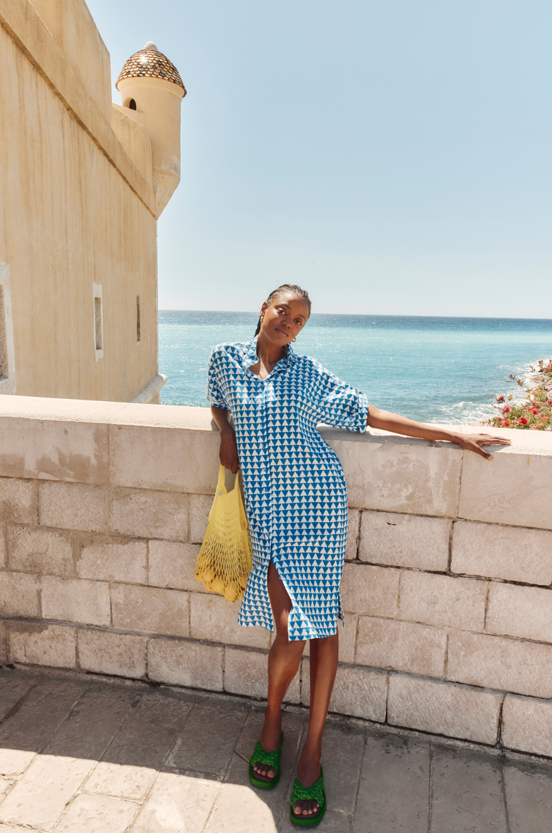 maui button up shirt dress by boom shankar in blue and white geo print