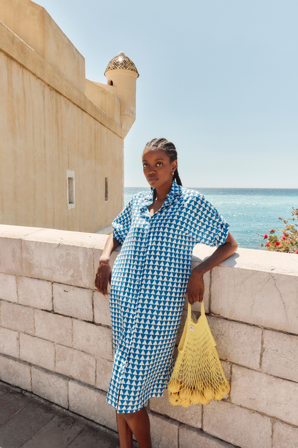 maui shirt dress by boom shankar in blue and white geo print