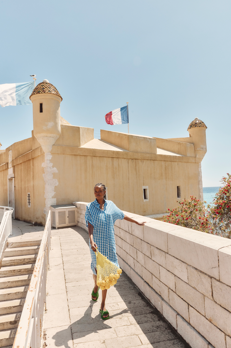 maui shirt dress by boom shankar is a blue and white block print oversized dress