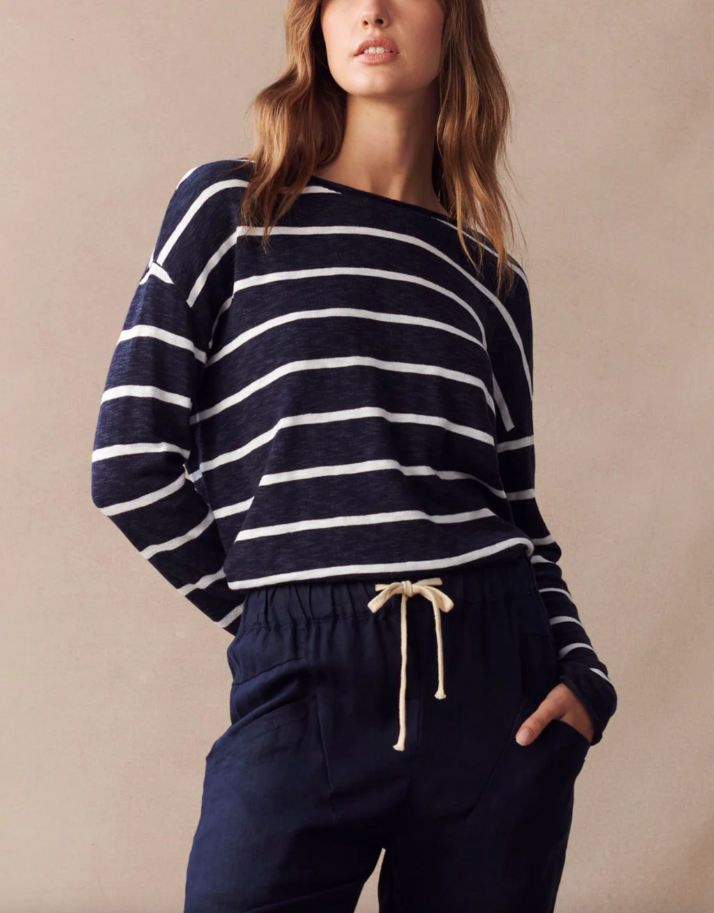 minnie top by little lies is a soft cotton blend long sleeve navy and white stripe top