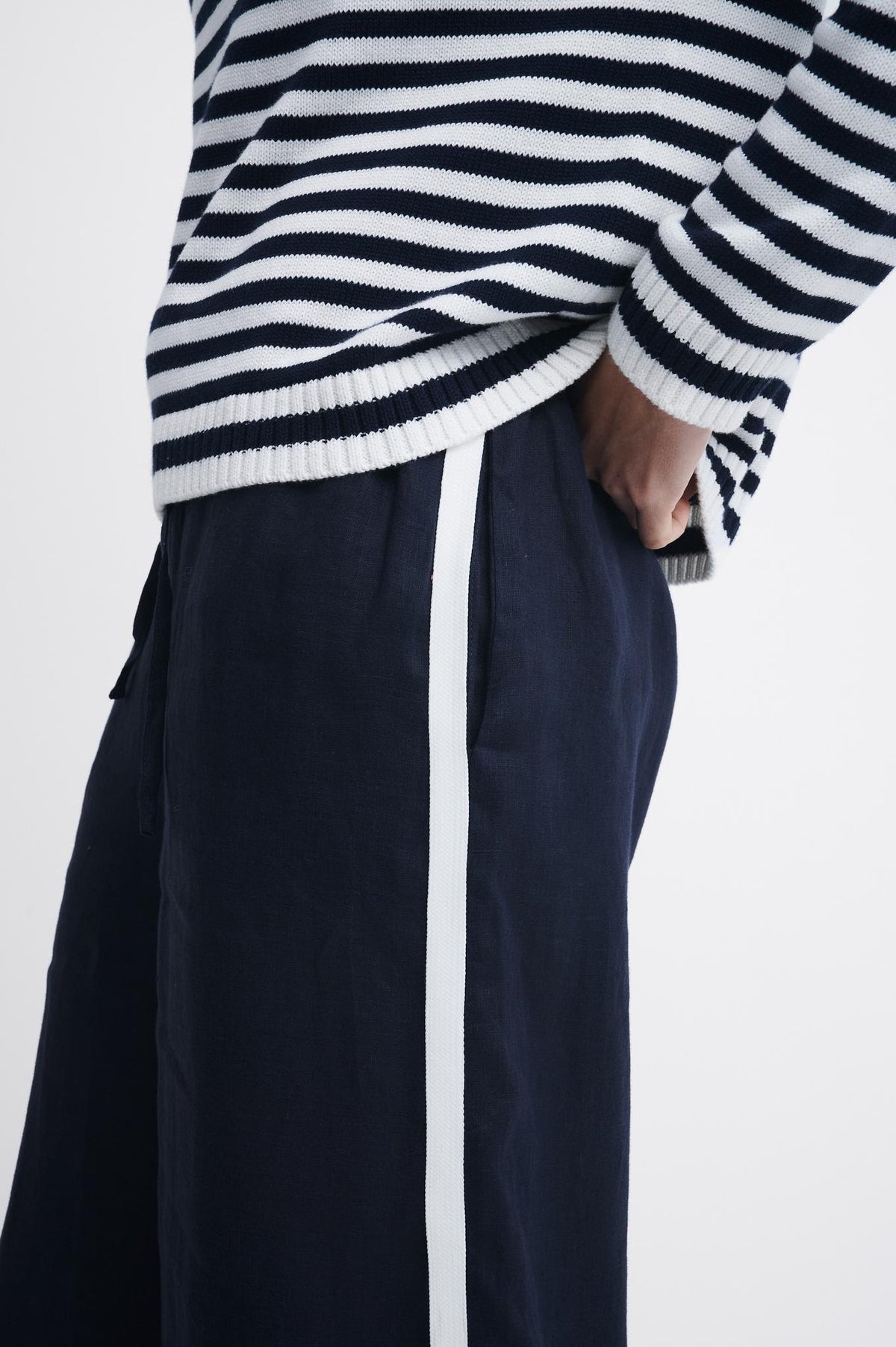 Little Lies Monacao Pants in navy blue linen ith white sporty stripe