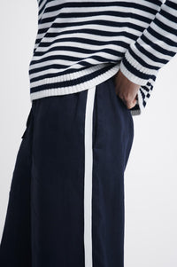 Little Lies Monacao Pants in navy blue linen ith white sporty stripe
