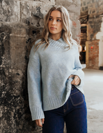 pepper knit by foxwood is a soft and warm winter knitted v-neck sweater in blue or chocolate