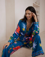 a silk satin printed shirt and pant set by iris maxi