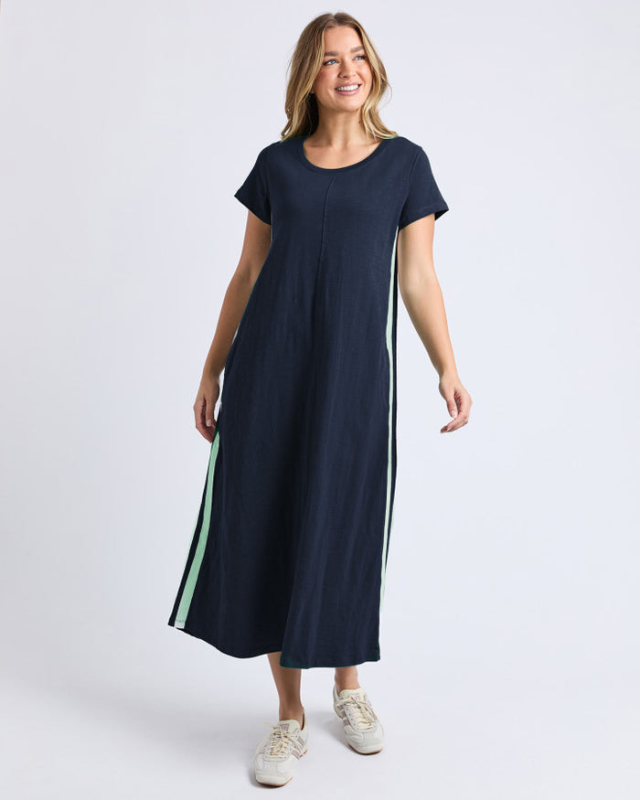 the recovery dress by foxwood is a cotton slub jersey sporty style dress with pockets and side stripe