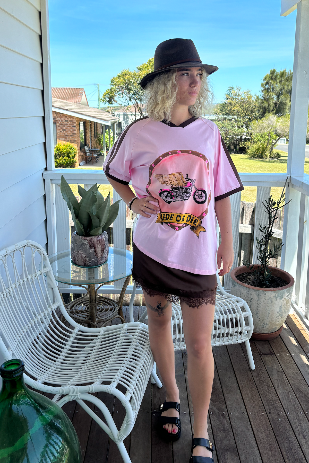 Pink cotton ride or die tee by frankie with motorcycle