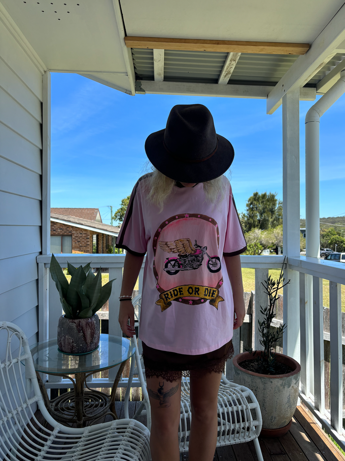 Pink cotton ride or die tee by frankie with motorcycle