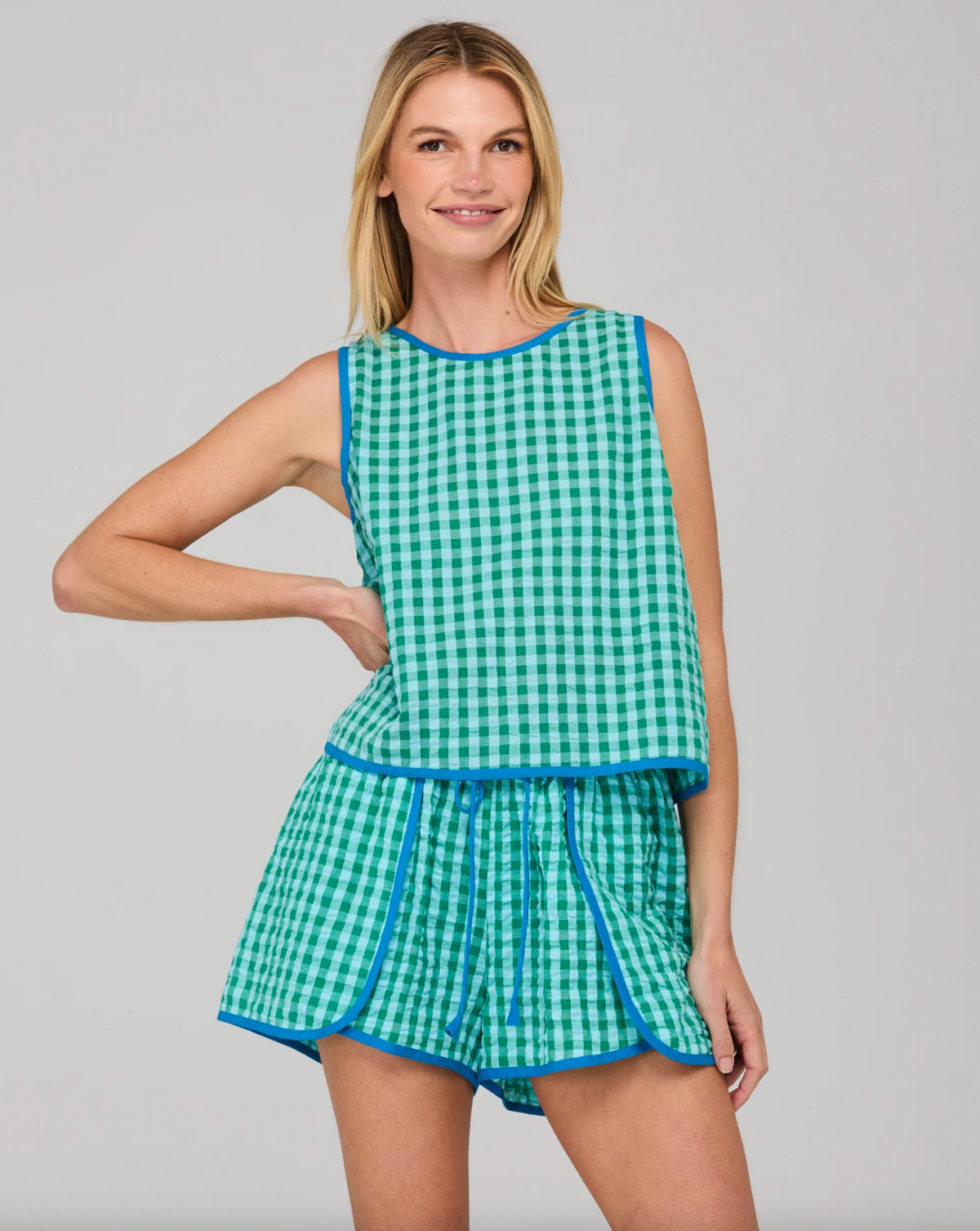 Rose top by Boom shankar is a green check seersucker cotton sleeveless top