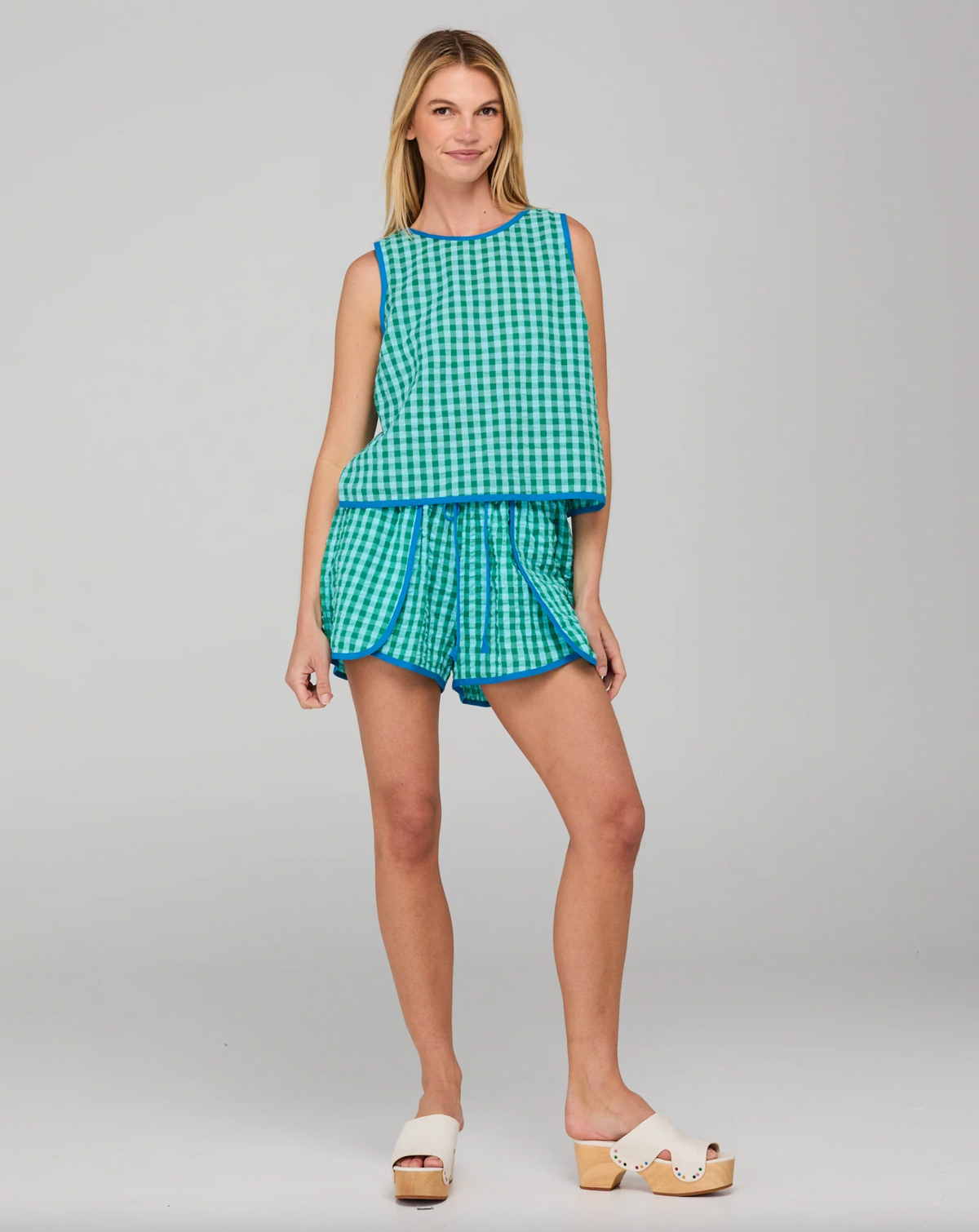 Rose top by Boom shankar is a green check seersucker cotton sleeveless top