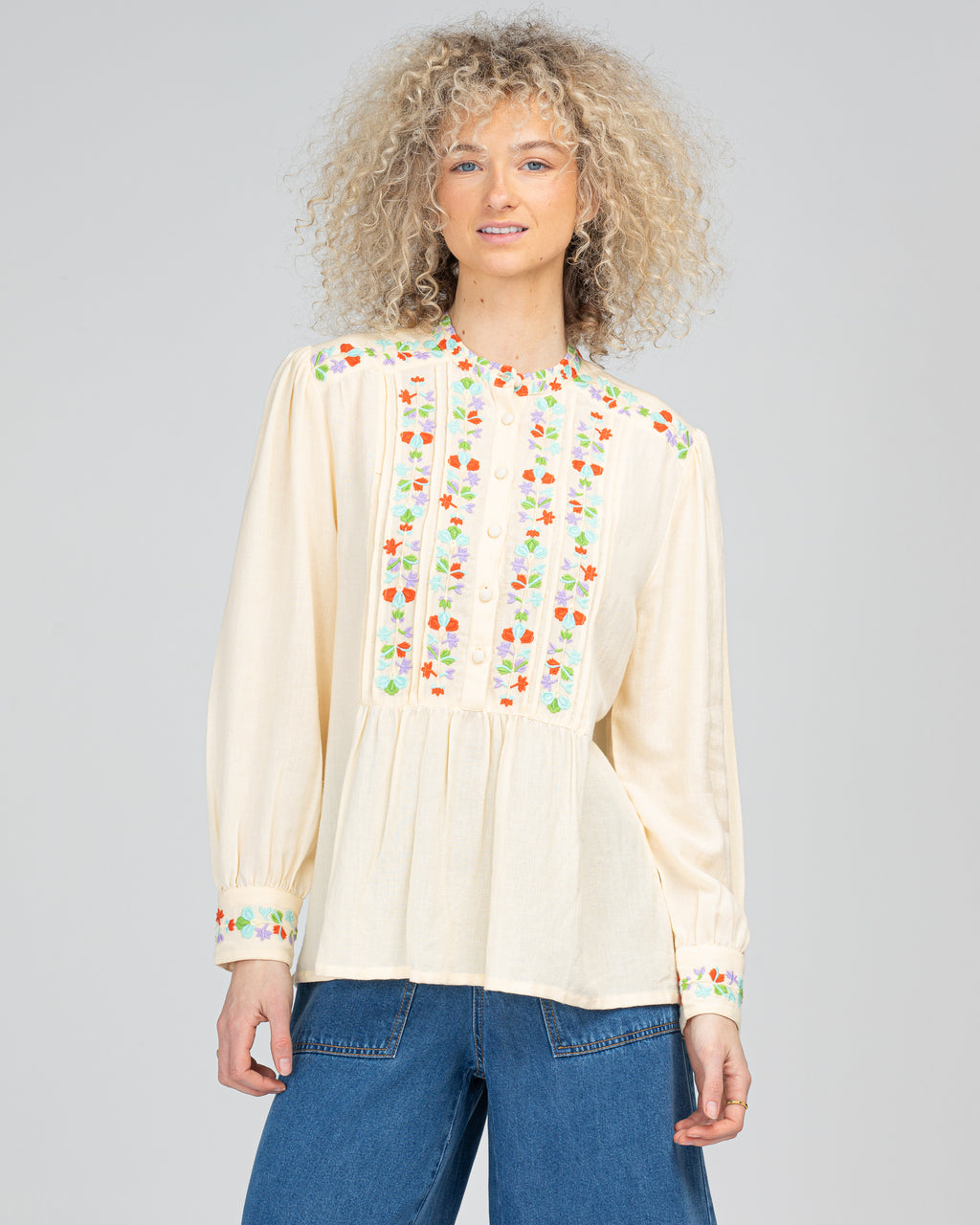 the rosemary top by boom shankar is a feminine linen blend embroidered shirt in cream