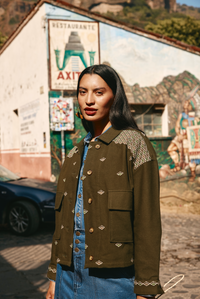 cove jacket by boom shankar is a boho modern army style embroidered bomber jacket