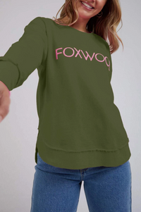 foxwood olive green metallic crew with metallic pink embroidered logo