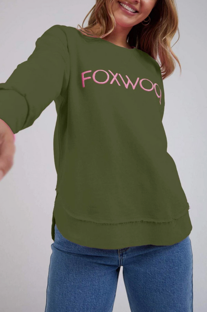 foxwood olive green metallic crew with metallic pink embroidered logo