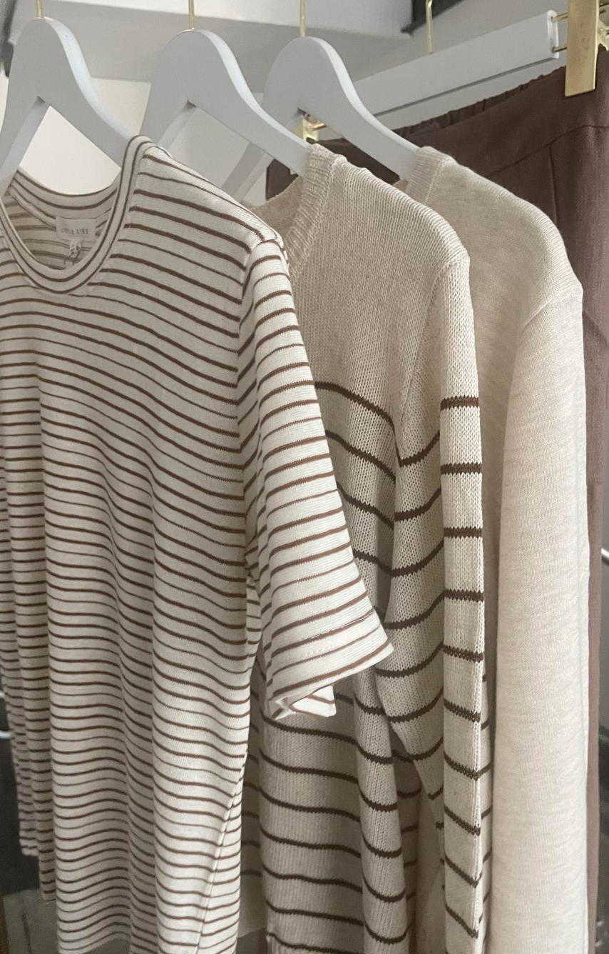 Gia knit by little lies is a beige and chocolate stripe lightweight knitted long sleeve top 