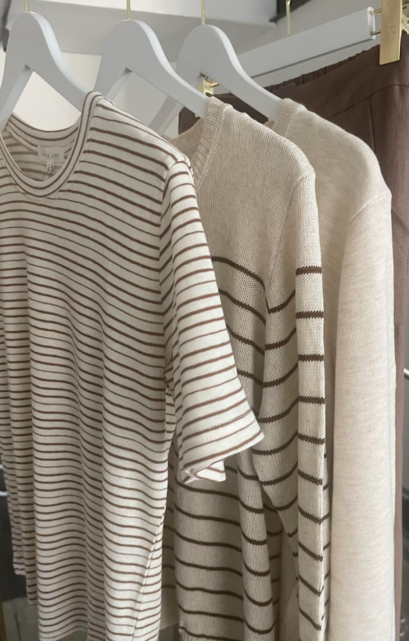 Gia knit by little lies is a beige and chocolate stripe lightweight knitted long sleeve top 