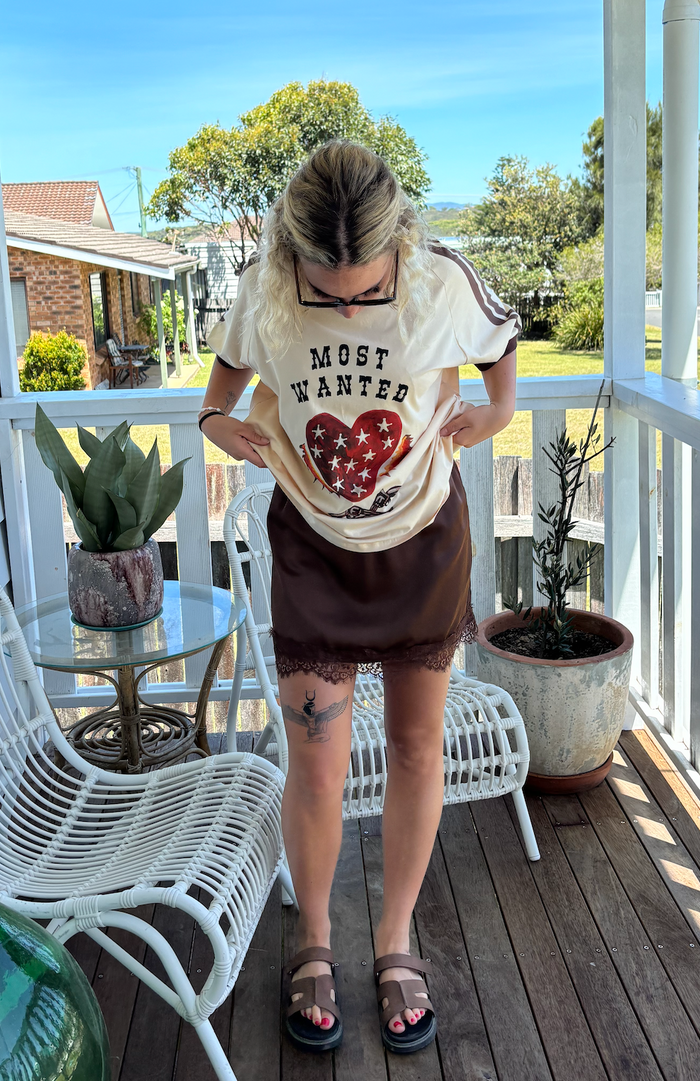 satin and lace slip skirt in chocolate by frankie