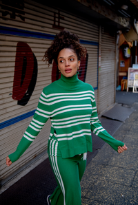 a green and white stripe cropped jumper for winter by boom shankar