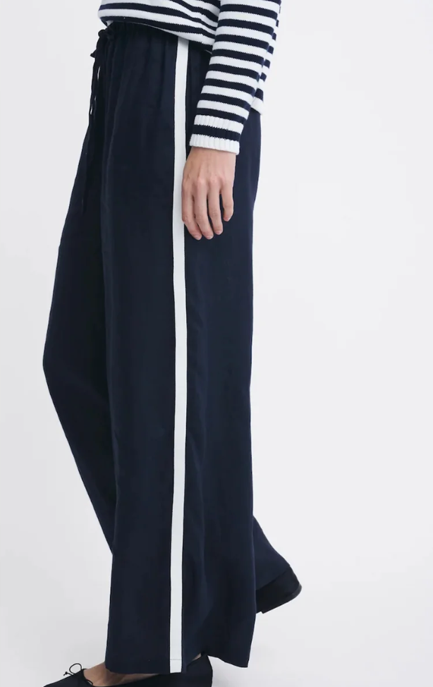 Little Lies Monacao Pants in navy blue linen ith white sporty stripe