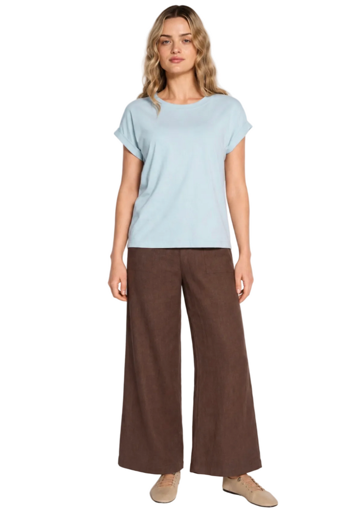 jude linen wide leg pants in chocolate brown by little lies