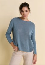 spring knit by little lies is a linen blend knitted long sleeve top in teal speckle