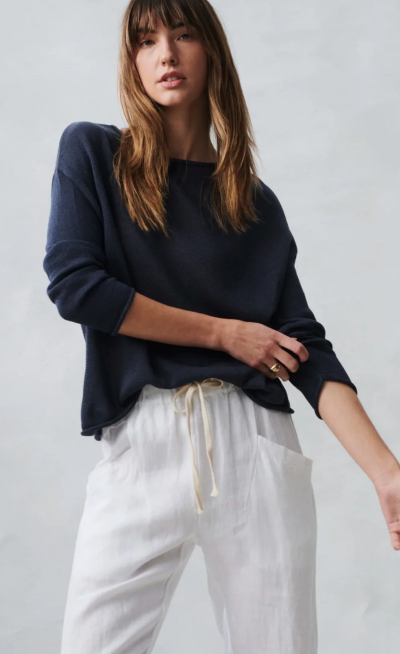 spring knit by little lies is a navy  knitted long sleeve lightweight top