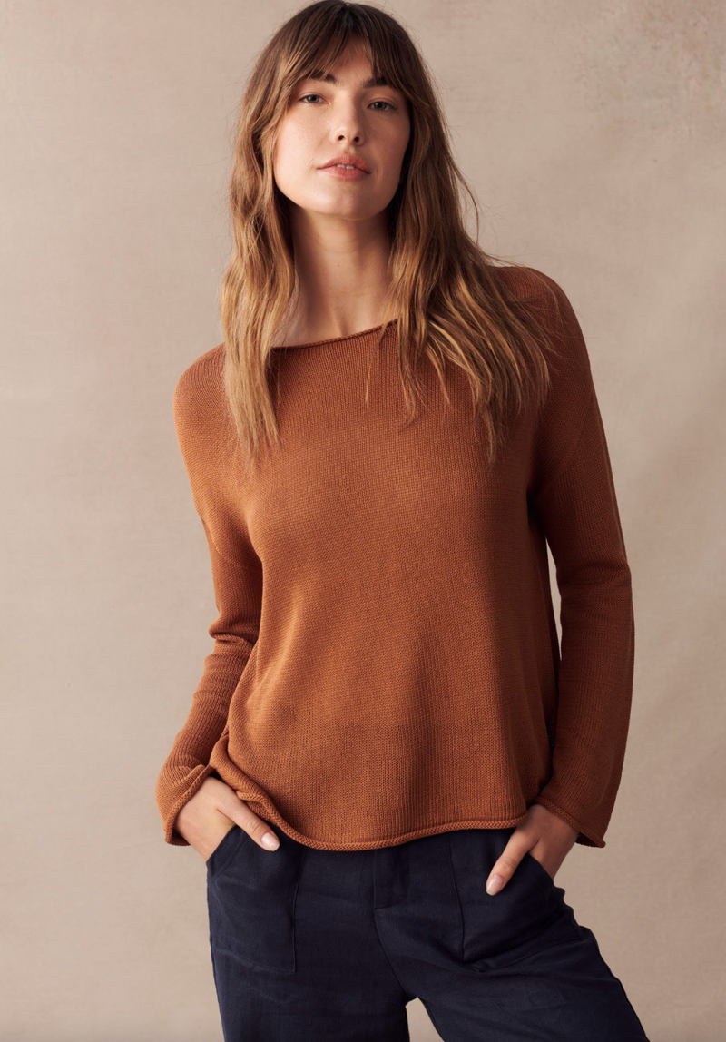 spring knit by little lies is a rust linen blend knitted long sleeve top