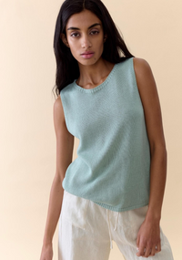 the spring tabnk by little lies is a sleeveless knitted top in duck egg blue