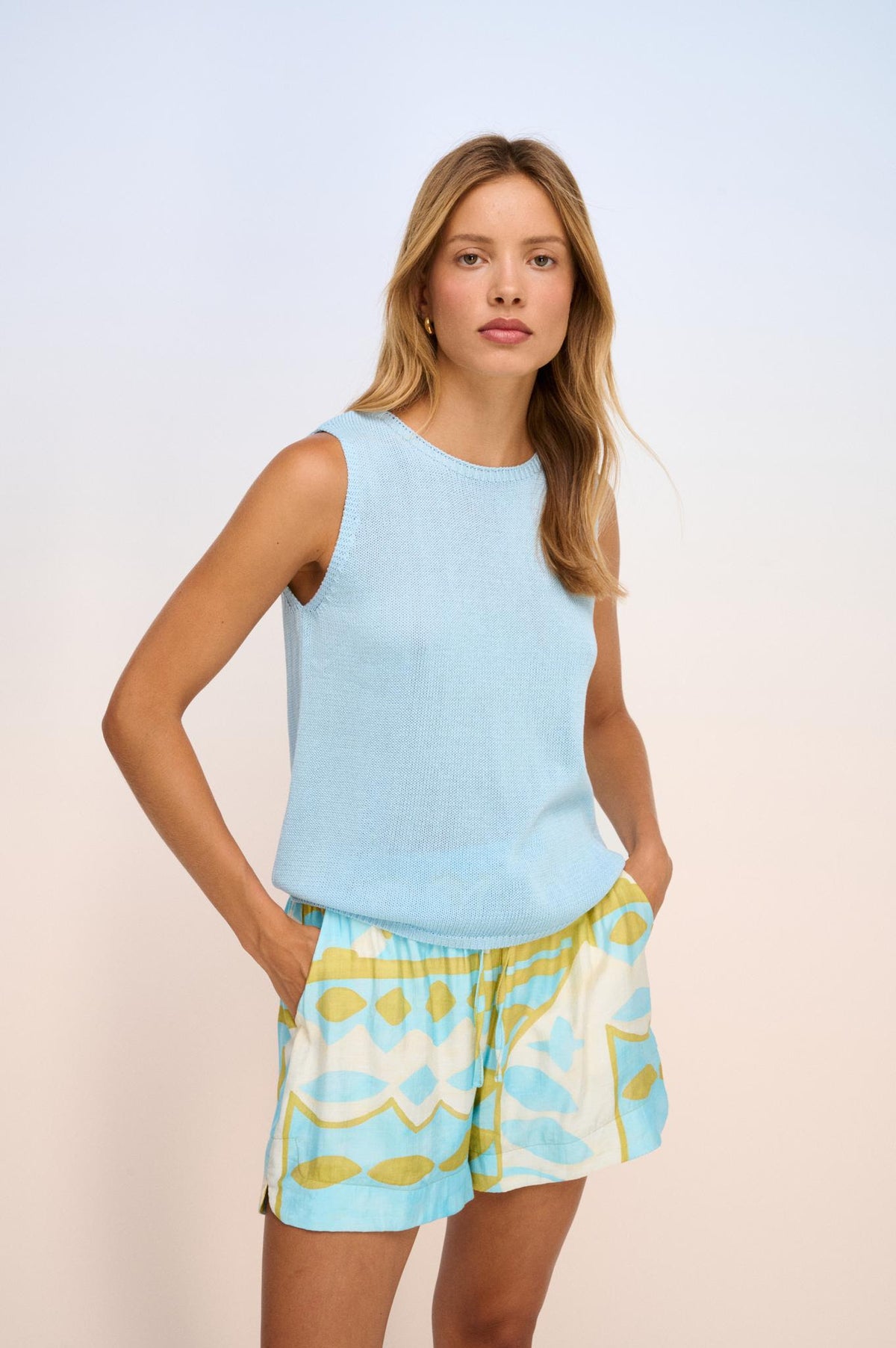new blue linen blend knitted tank by little lies
