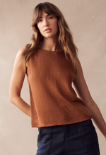 the spring tank by little lies is a linen blend knitted sleeveless vest in rust