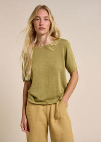 spring tee by little lies is a short sleeve knitted olive green  top in a linen blend 