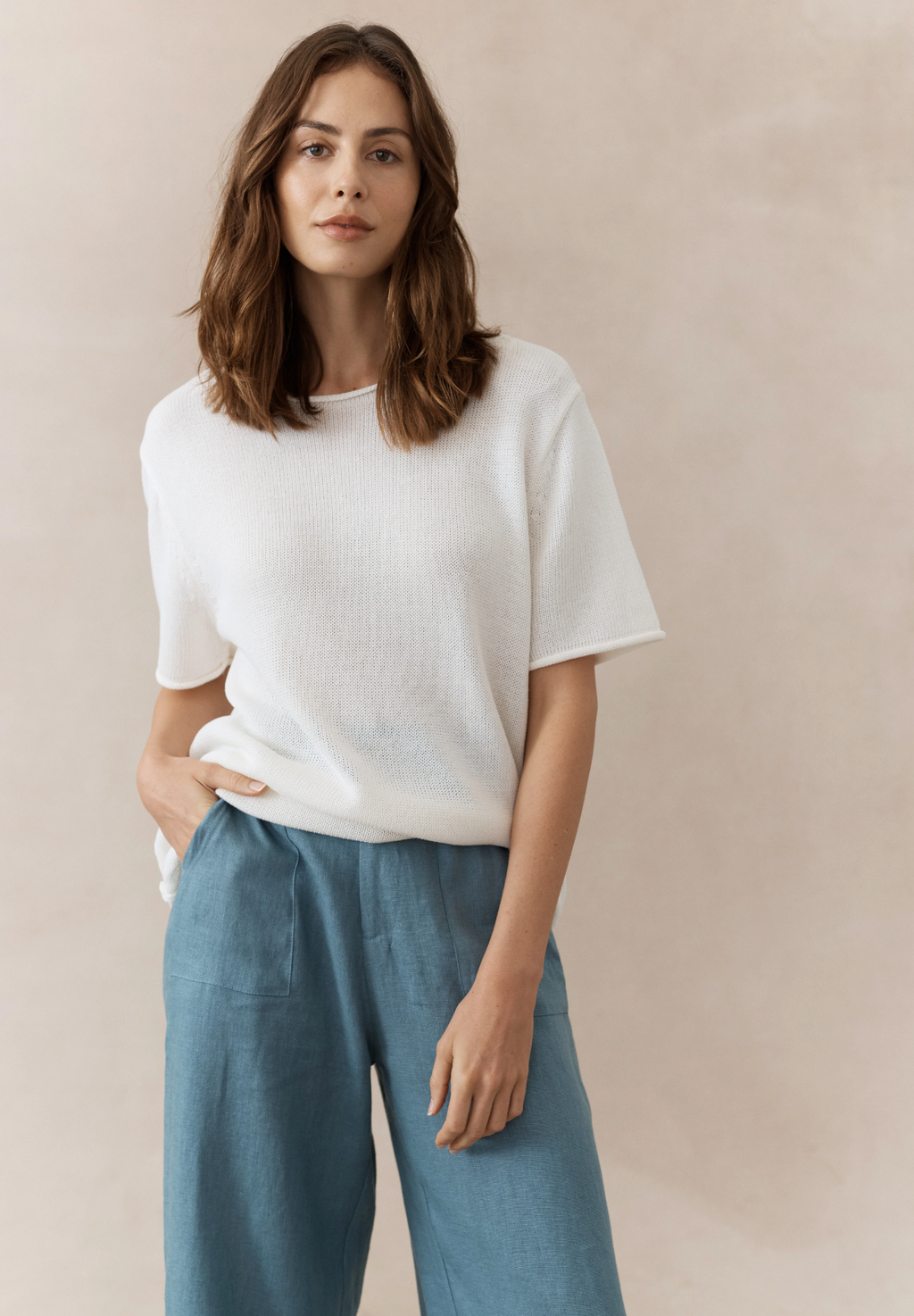 the spring tee by little lies is a knitted cotton linen blend t-shirt in white