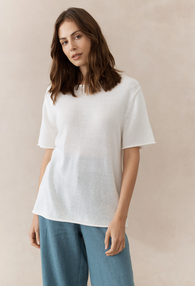 the spring tee by little lies is a knitted cotton linen blend t-shirt in white