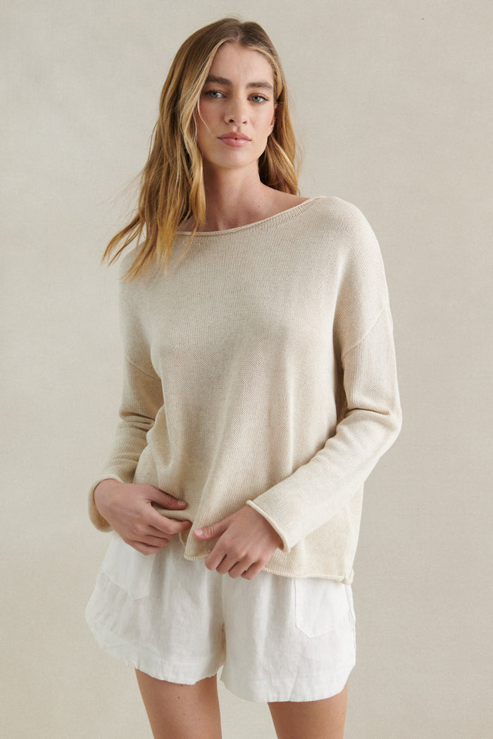 the spring knit by Little lies is a luxury linen blend long sleeve knitted top in natural