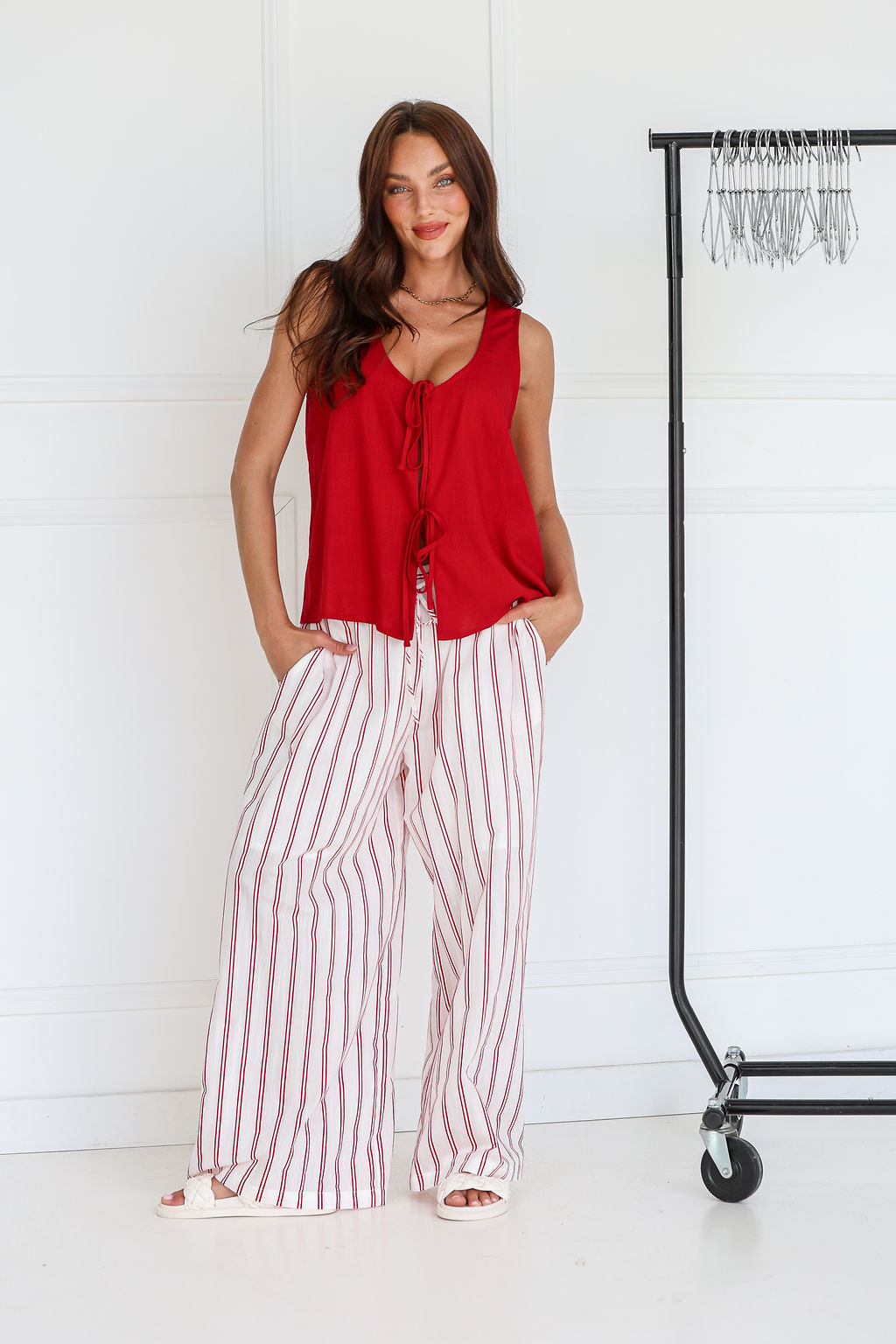 red and white stripe cotton wide leg pants