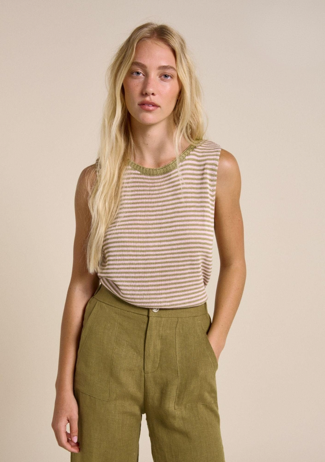 a stripe knitted sleeveless tank top by little lies in olive and pink