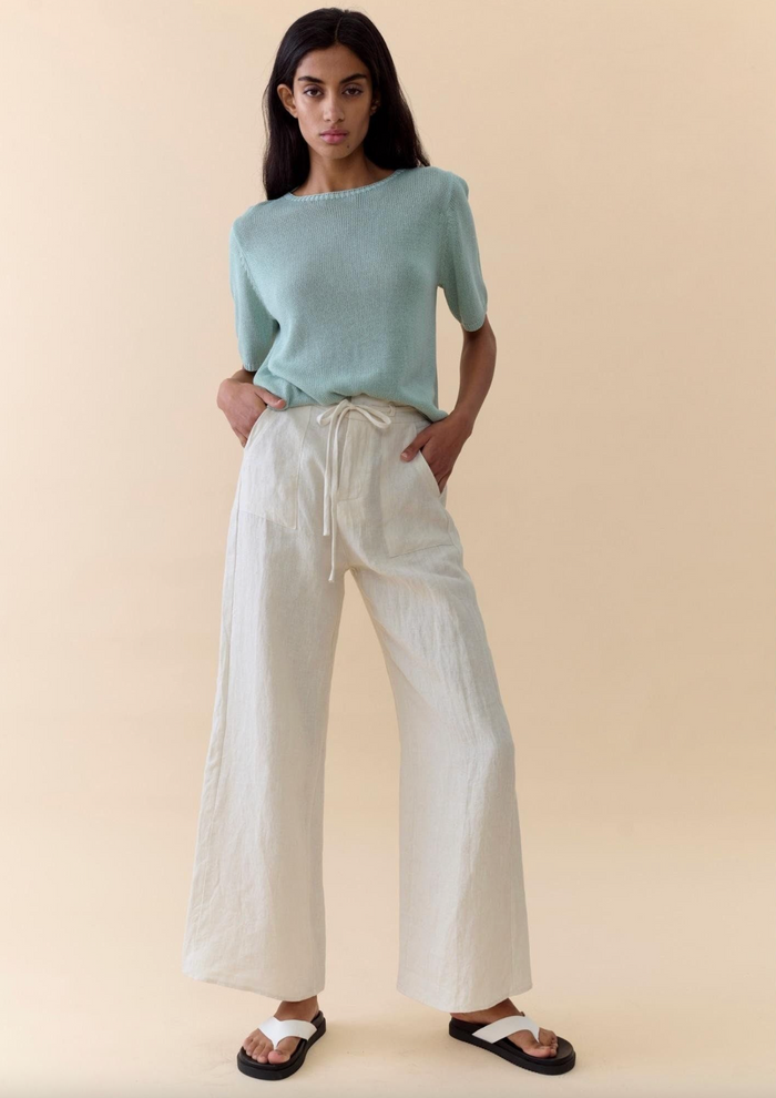 summer tee by little lies is a lightweight linen blend knitted top in duck egg blue