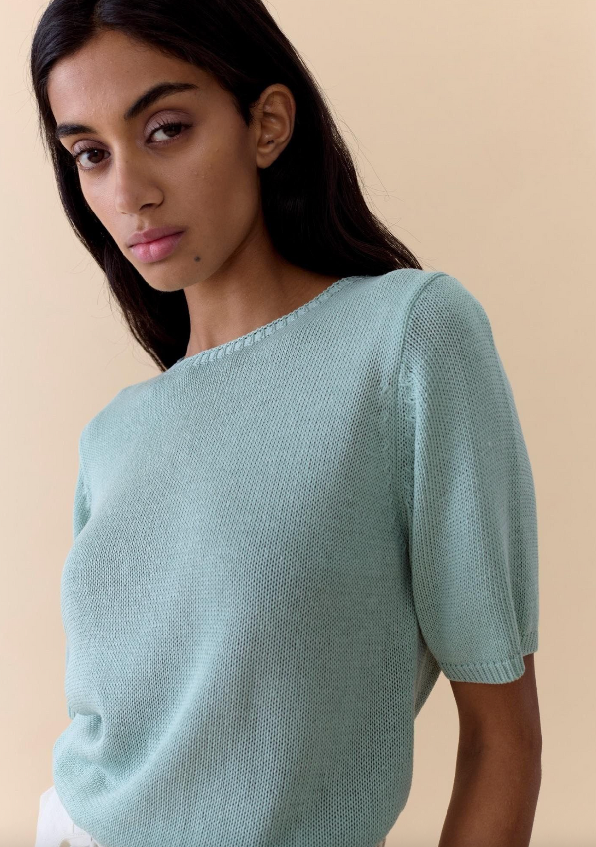 summer tee by little lies is a lightweight linen blend knitted top in duck egg blue